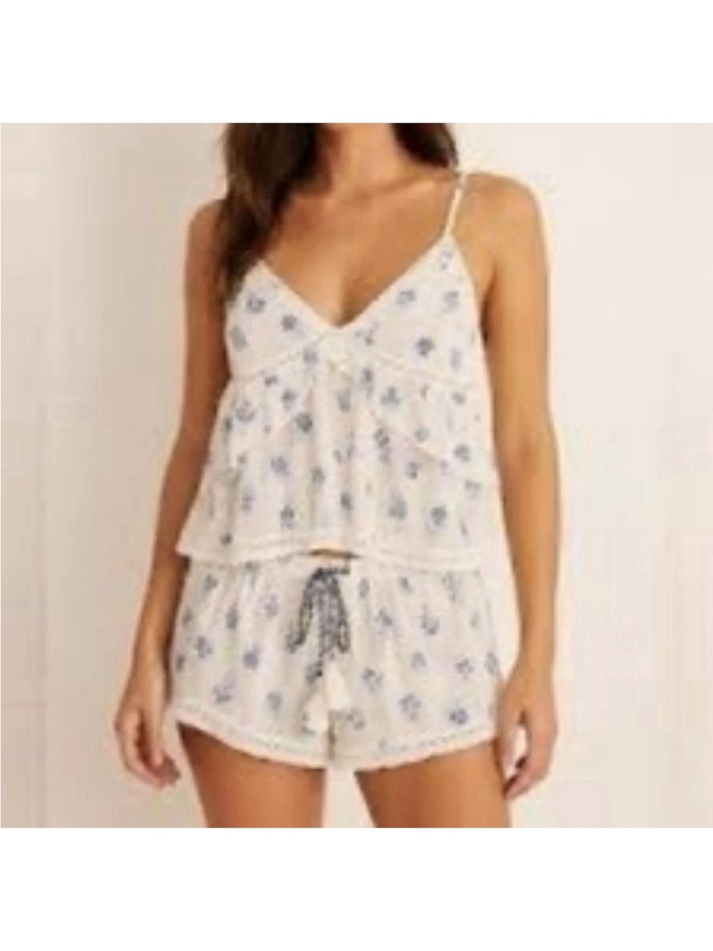 Joie Pajama Set 100% Cotton White Blue Floral Ruffle Tank Babydoll Shorts Sz M